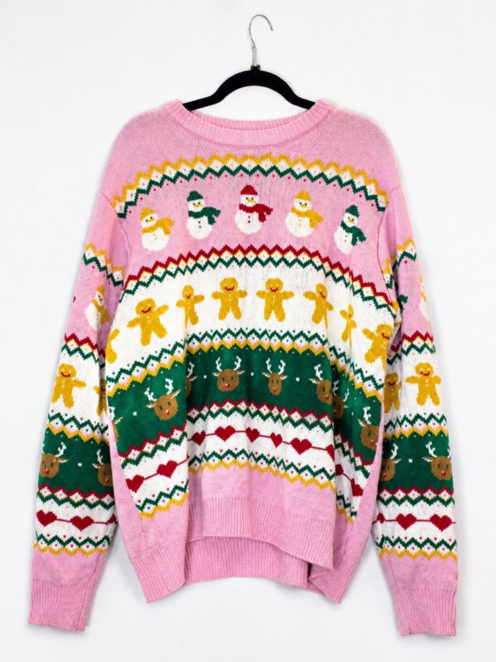 Pink Christmas Fair Isle Sweater XXL | Snowmen Gingerbread Reindeer Holiday Knit